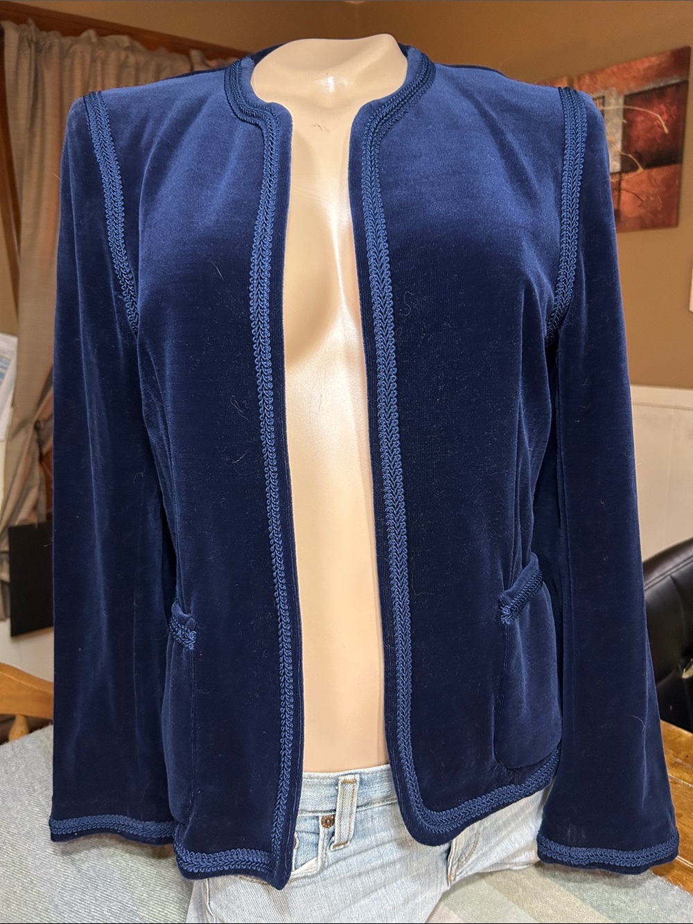 ACT lll Classic Navy Velvet Open-Front Blazer w/ braided trim - made in the USA
